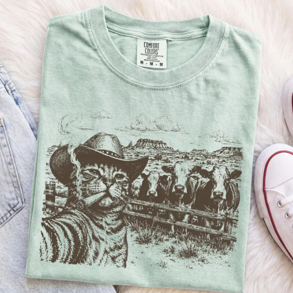 Cowboy Cat Comfort Color Shirt, Funny Cat Lover Tee, Smoking Cat Graphic Shirt